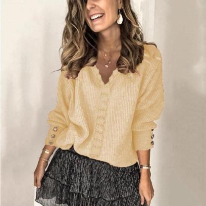 Women's Autumn Elegant Lace Long Sleeve V Neck Casual Sweater