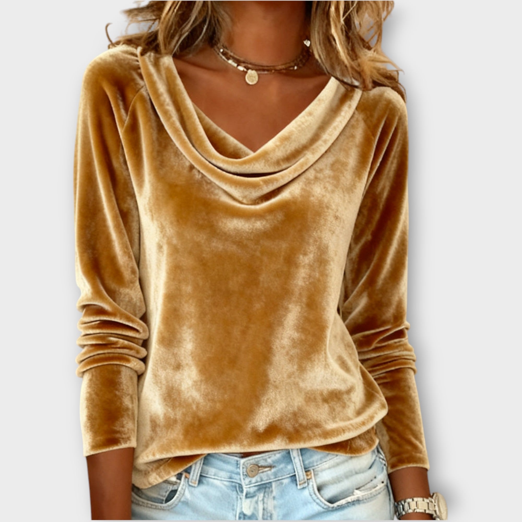 Velvet Draped Neck Long-Sleeve Top