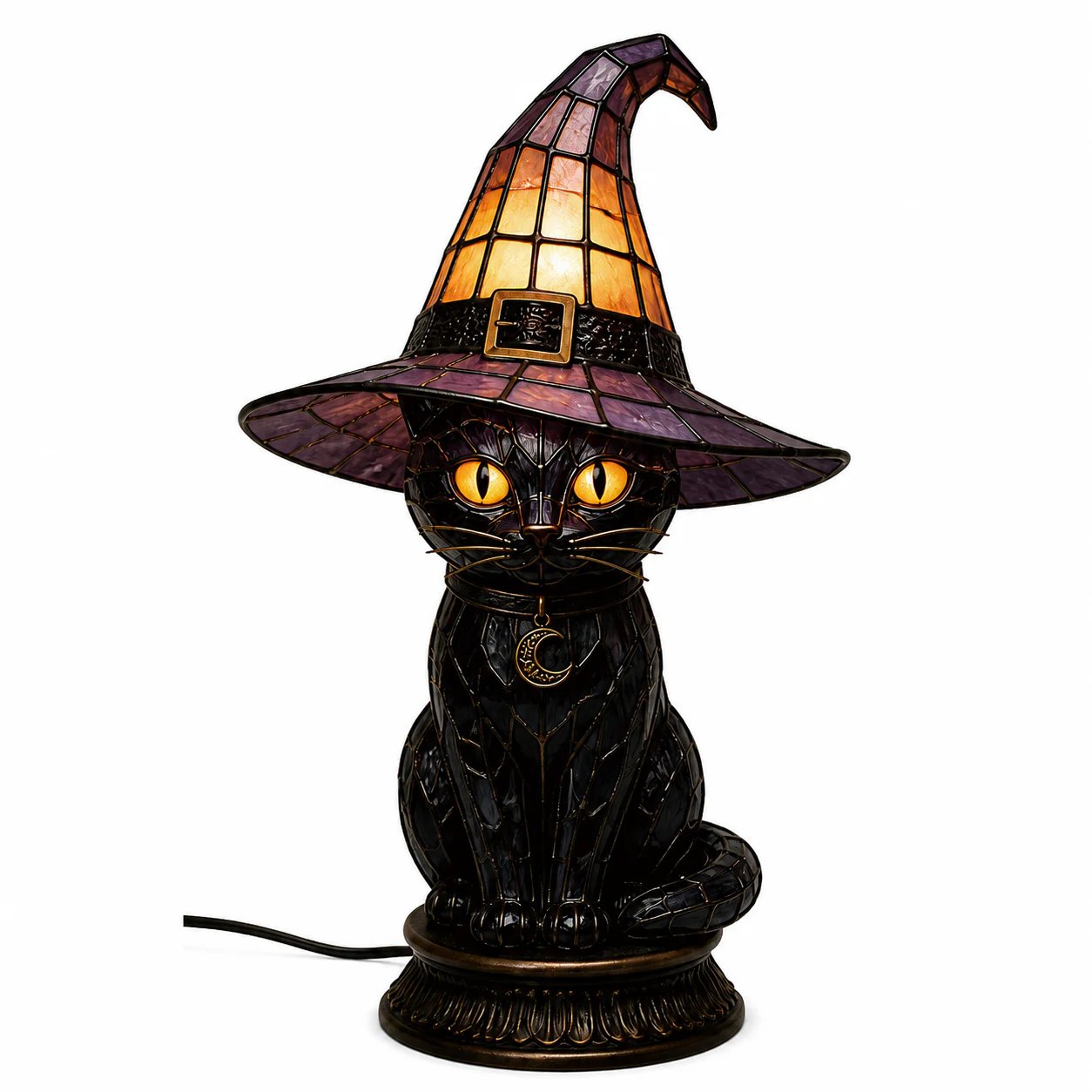 🐈 Gothic Stained Glass Witch Black Cat Table Lamp | Halloween Witch Hat Night Light Decor
