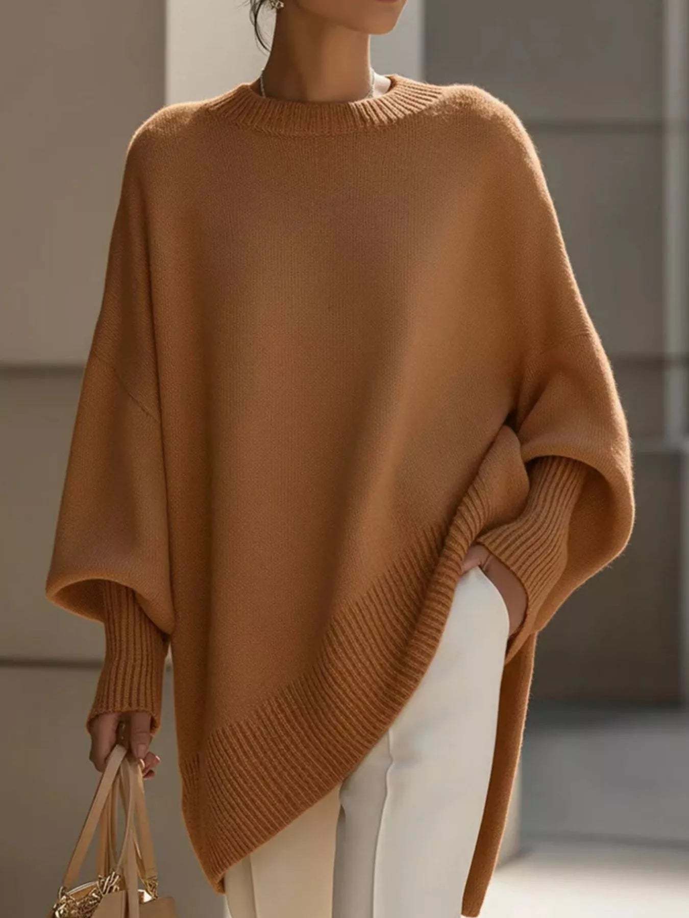 Elegant minimalist style loose knitted cape top