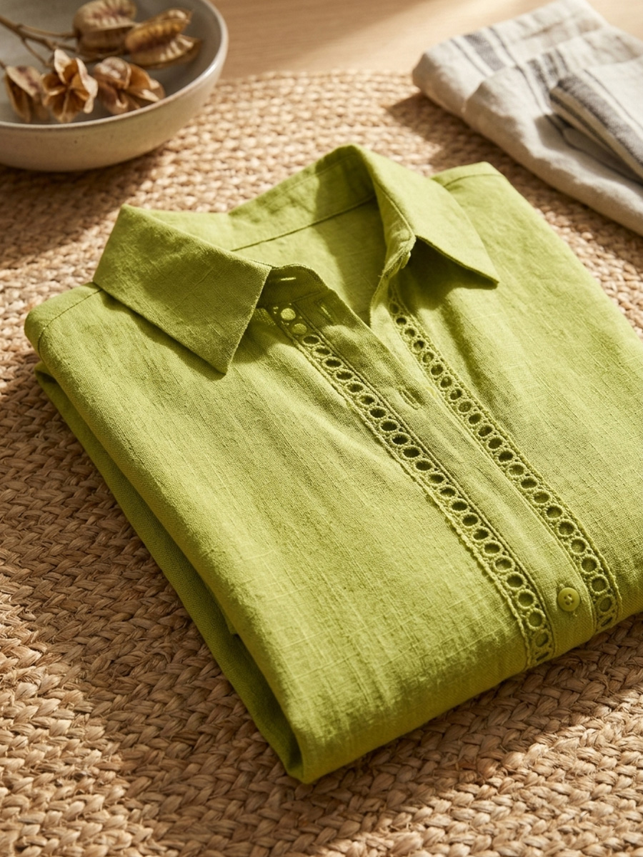 Women's Casual Patchwork Openwork Webbing Linen Shirt