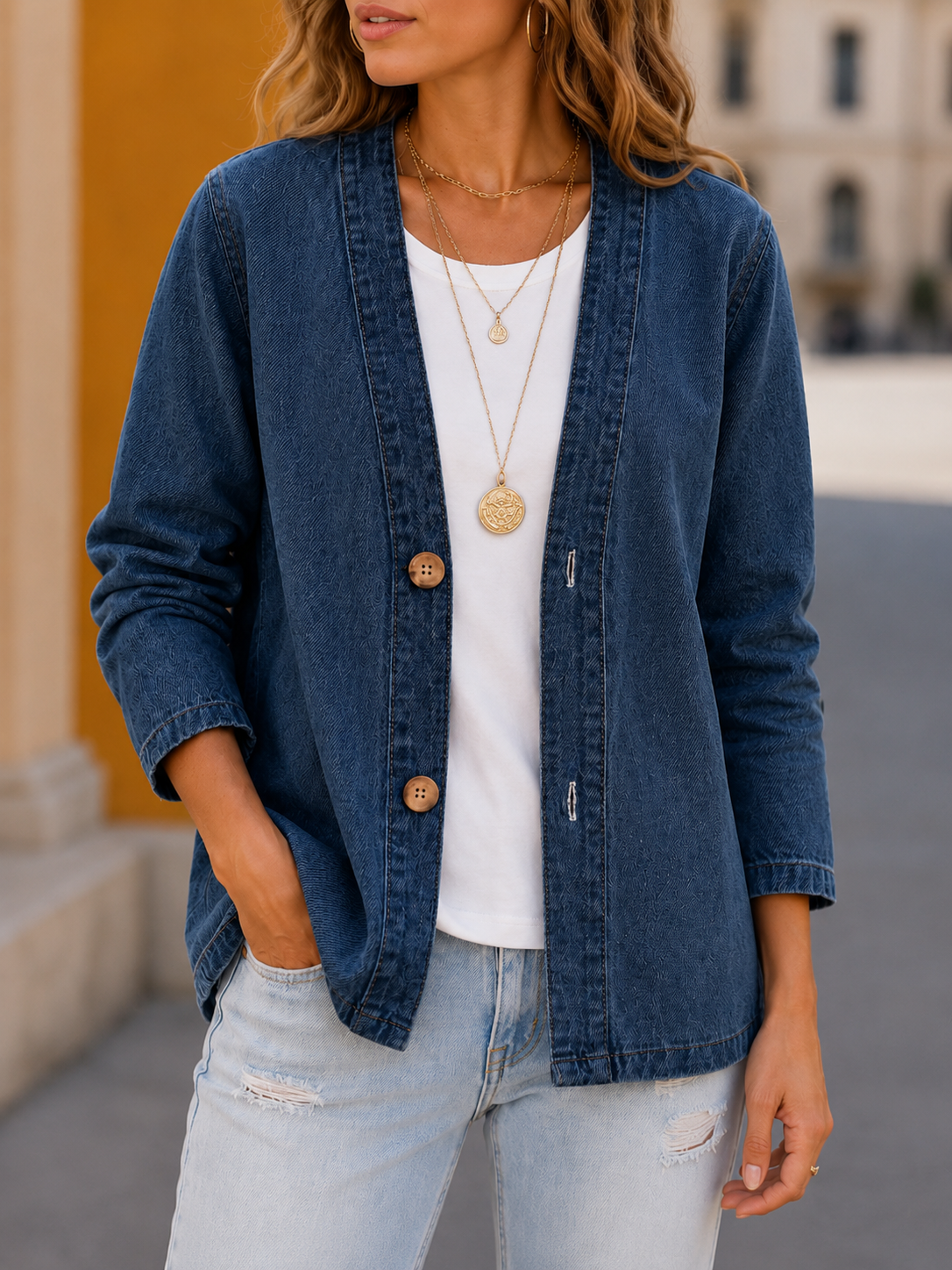 Women's Classic Button Front Denim Jacket – V-Neck, Breathable Fabric & Relaxed Fit