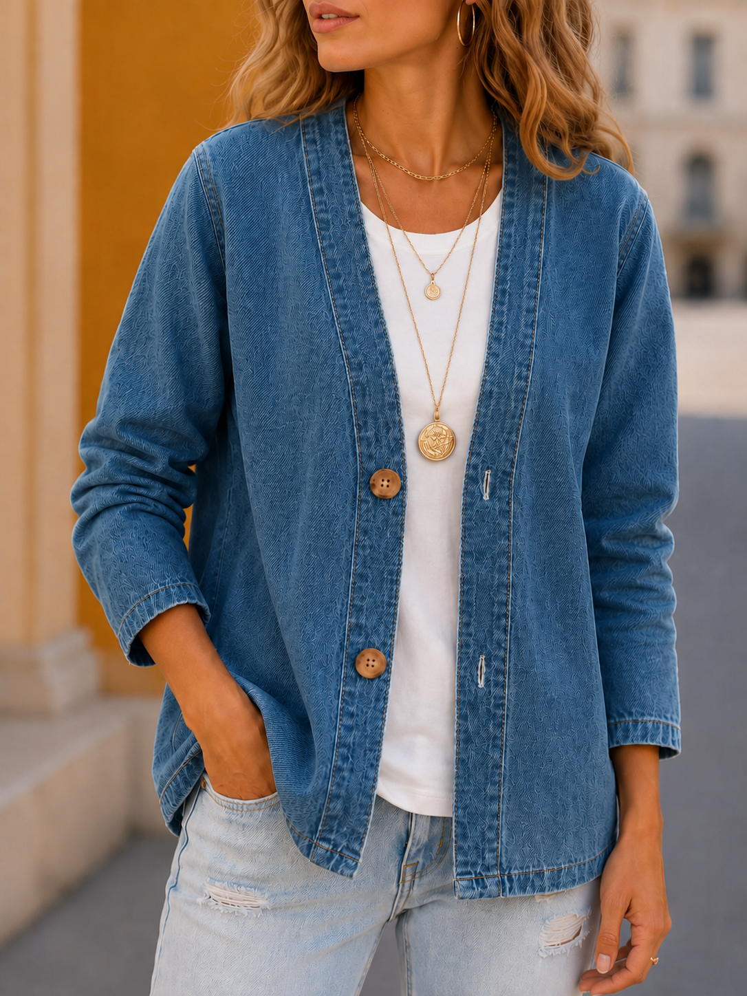 Women's Classic Button Front Denim Jacket – V-Neck, Breathable Fabric & Relaxed Fit