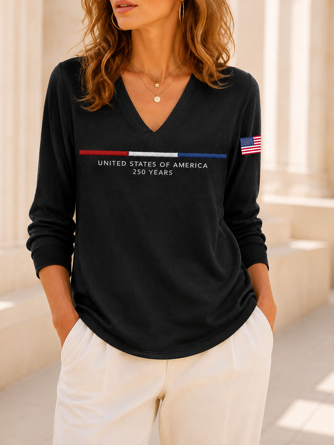 Women's United States 250TH Anniversary Print Waffle Long Sleeve T-Shirt