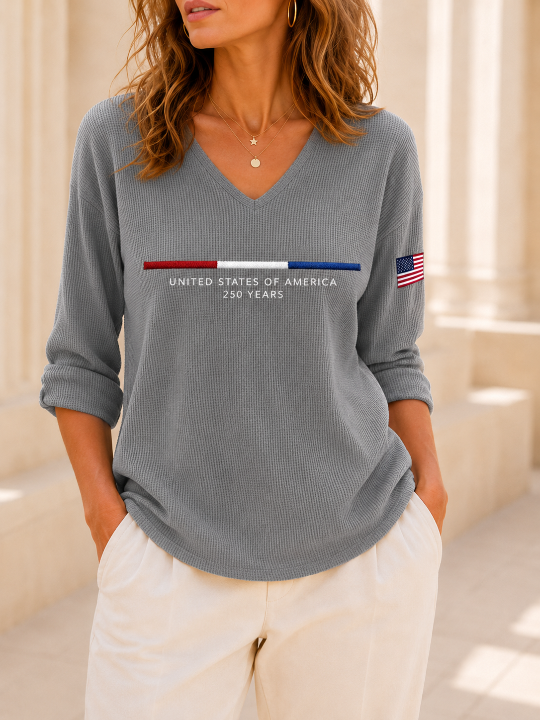 Women's United States 250TH Anniversary Print Waffle Long Sleeve T-Shirt