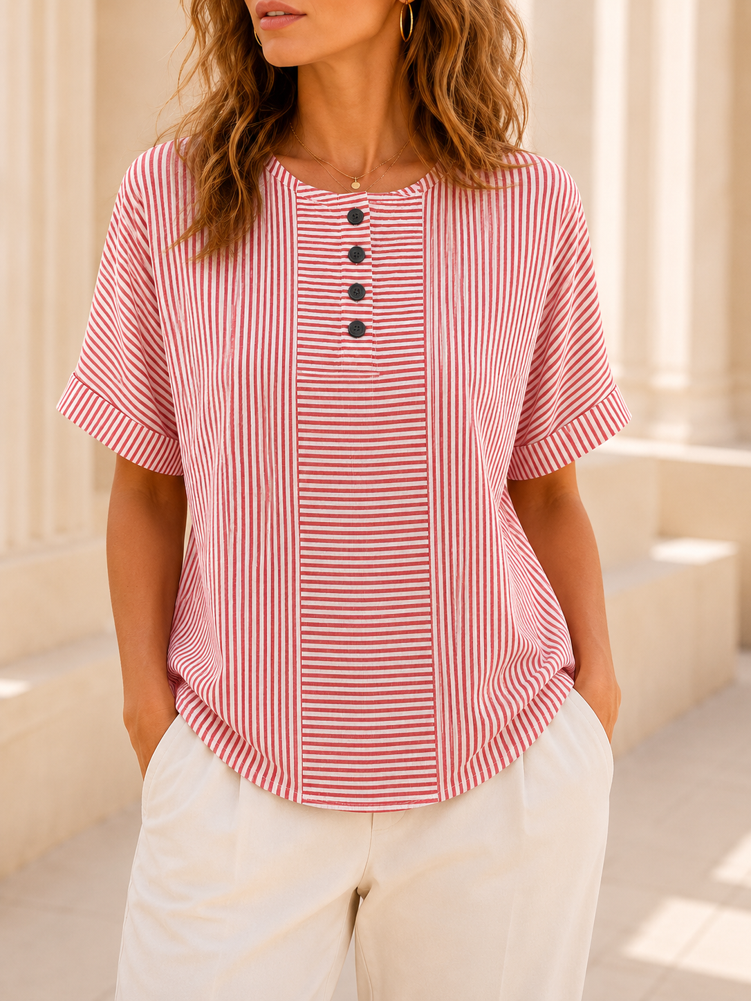 Artistic Cut Striped Cotton-linen Shirt Blouse