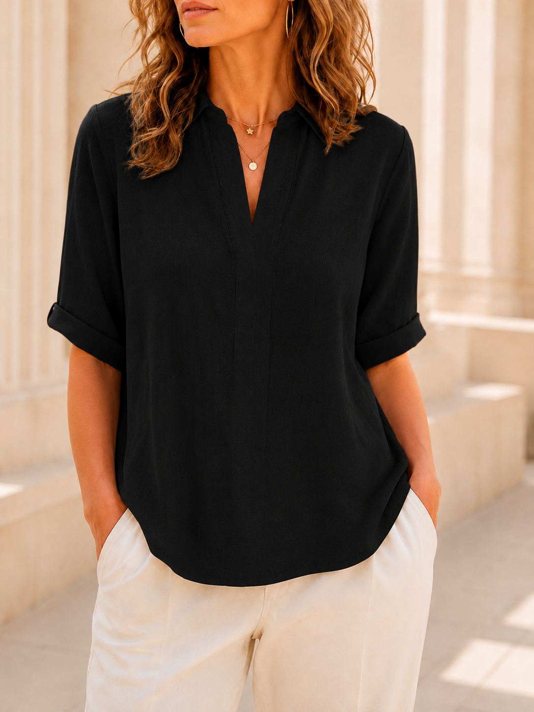 Women's Plain Short Sleeve Blouse, Casual Solid Color Top for Daily Wear, Ladies Clothes for All Seasons