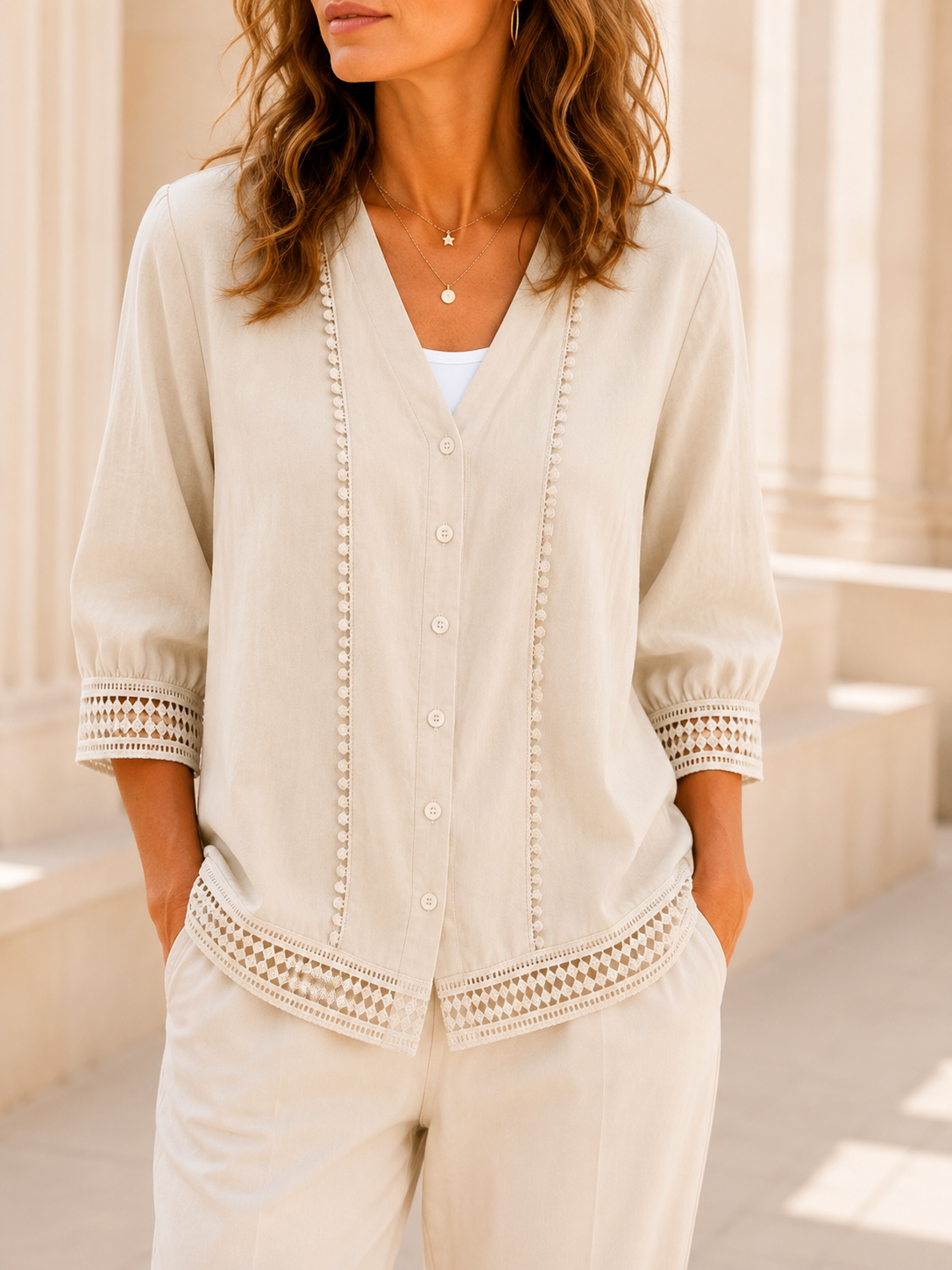 Women's Casual Three-quarter Sleeve V-neck Lace Cotton Linen Cardigan Shirt