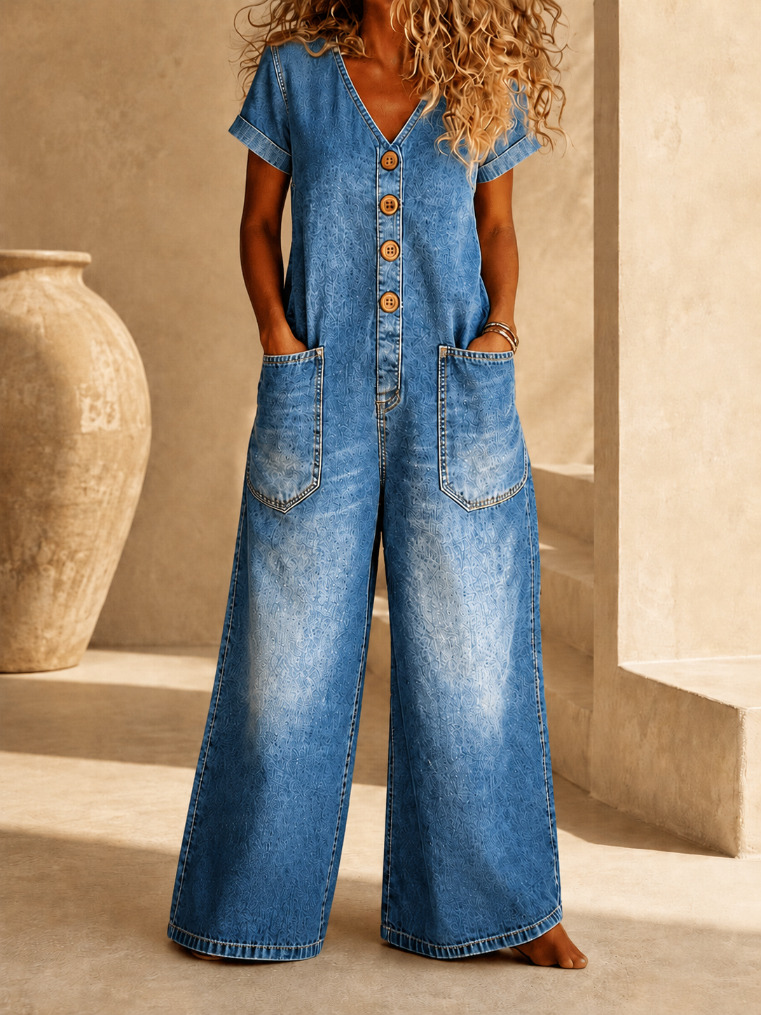 Women’s Casual Denim Wide-Leg Jumpsuit with Button Front and Pockets
