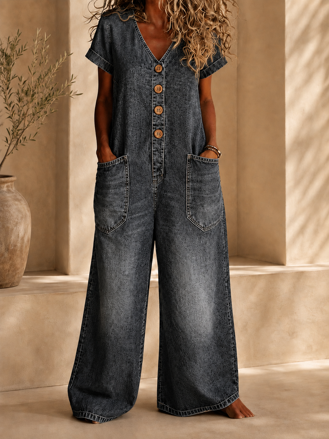 Women’s Casual Denim Wide-Leg Jumpsuit with Button Front and Pockets