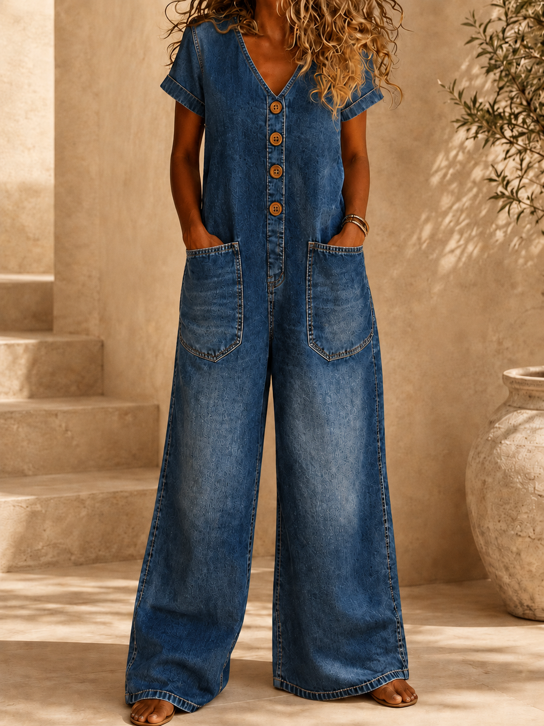 Women’s Casual Denim Wide-Leg Jumpsuit with Button Front and Pockets