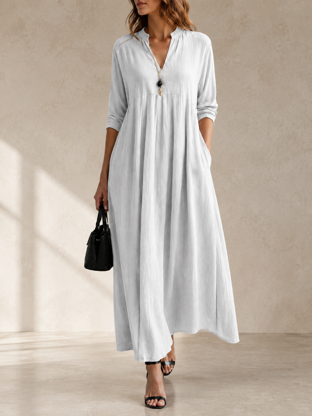 Women’s Split V-Neck Long Sleeve Flowy Maxi Dress with Pockets