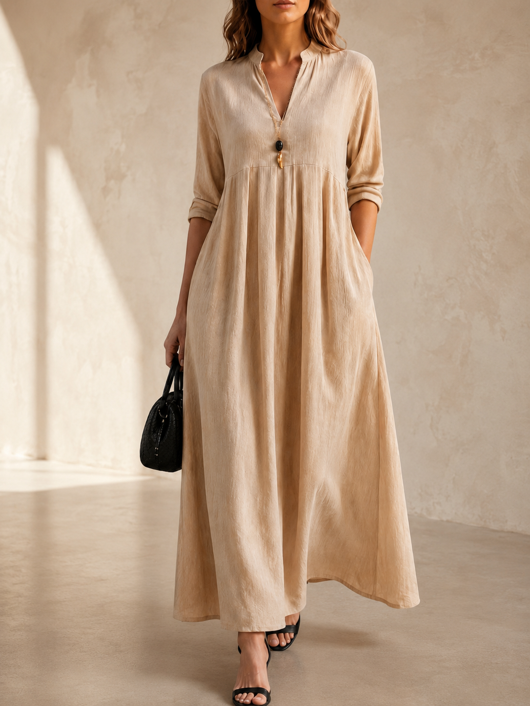 Women’s Split V-Neck Long Sleeve Flowy Maxi Dress with Pockets