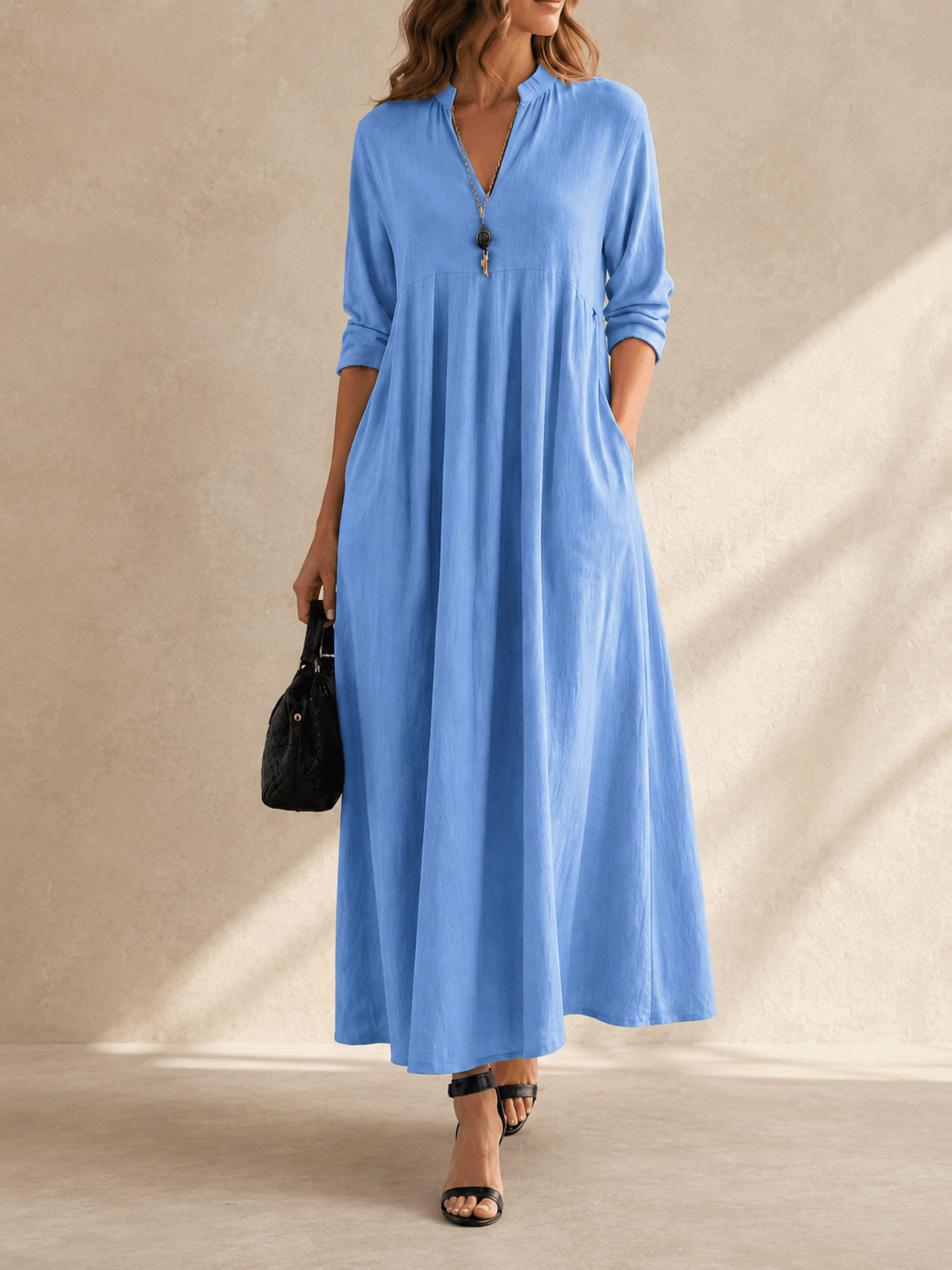 Women’s Split V-Neck Long Sleeve Flowy Maxi Dress with Pockets
