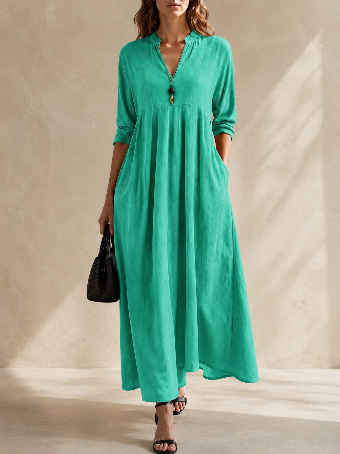 Women’s Split V-Neck Long Sleeve Flowy Maxi Dress with Pockets
