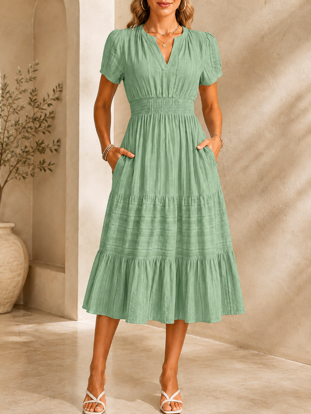 [Copy]Women’s Split V-Neck Long Sleeve Flowy Maxi Dress with Pockets