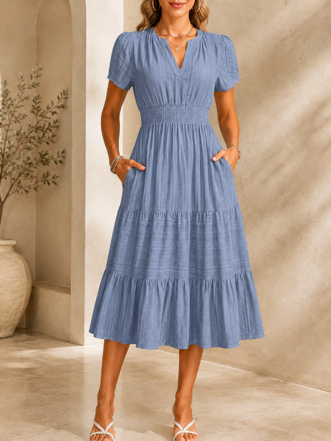 [Copy]Women’s Split V-Neck Long Sleeve Flowy Maxi Dress with Pockets