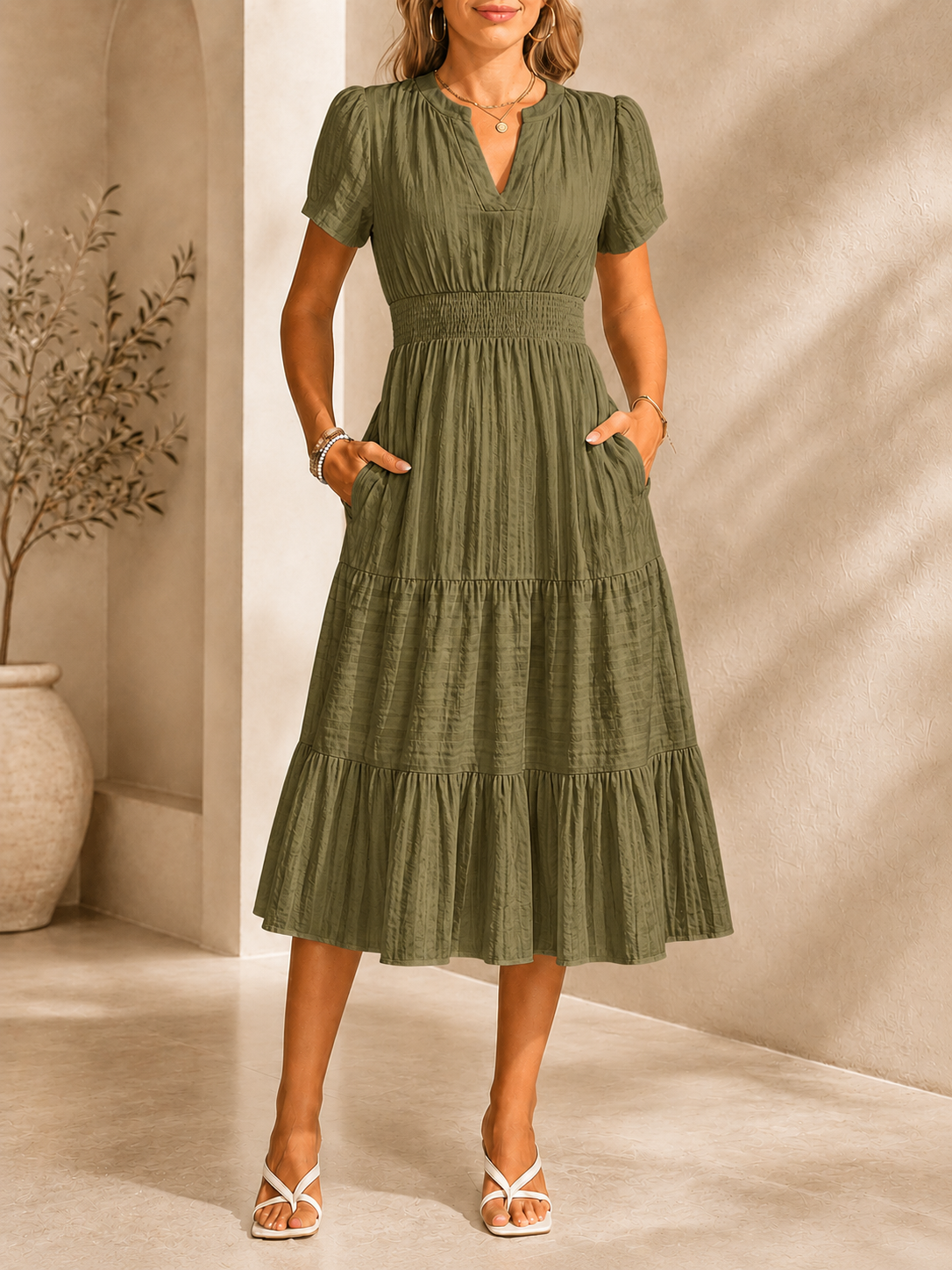 [Copy]Women’s Split V-Neck Long Sleeve Flowy Maxi Dress with Pockets