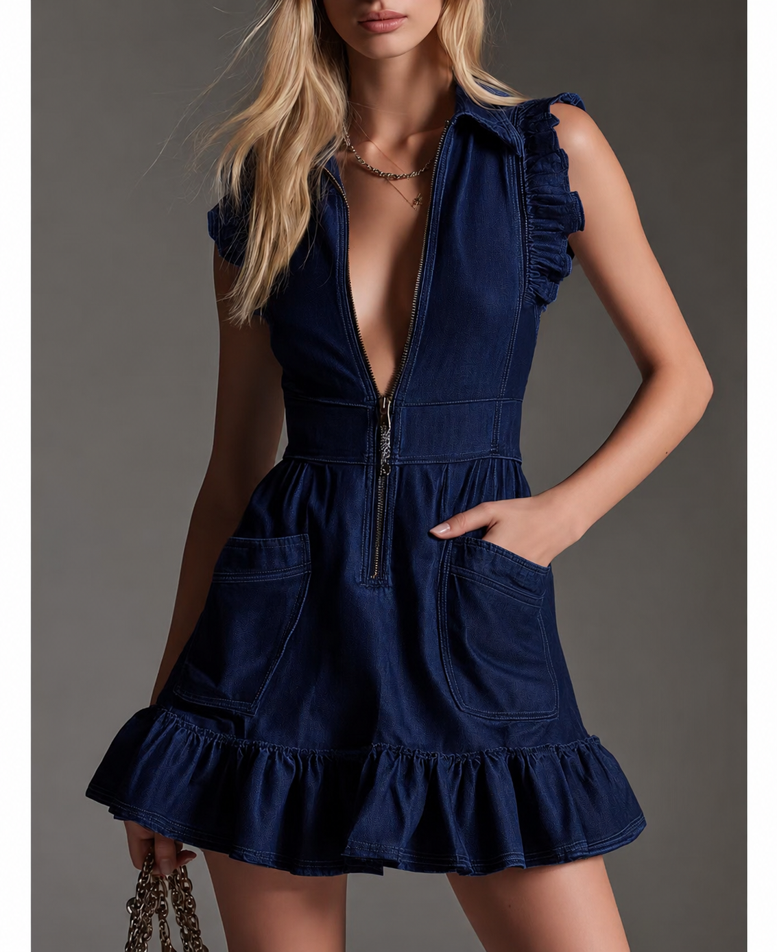 Women’s Denim Zip-Front Ruffle Sleeve Mini Dress with Pockets