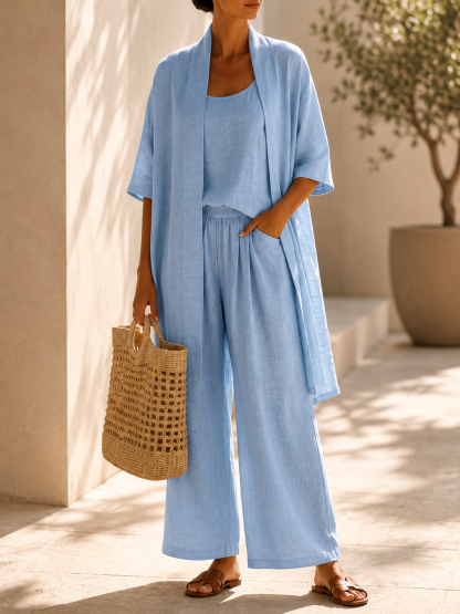 Women’s Linen Blend Three Piece Cardigan Top and Wide Leg Pants Set