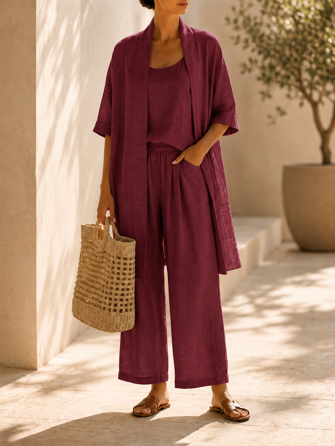 Women’s Linen Blend Three Piece Cardigan Top and Wide Leg Pants Set
