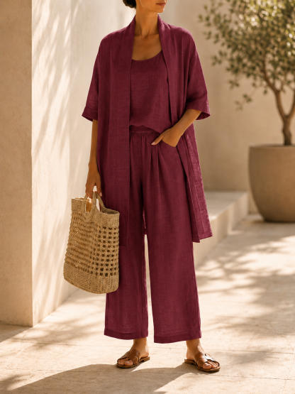 Women’s Linen Blend Three Piece Cardigan Top and Wide Leg Pants Set