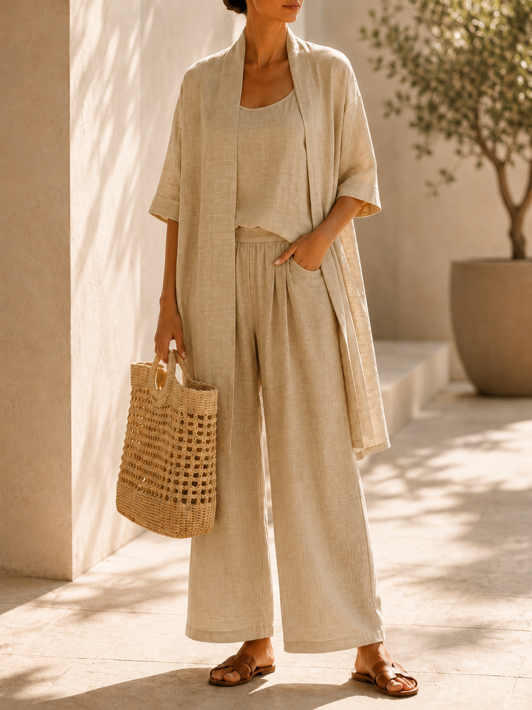 Women’s Linen Blend Three Piece Cardigan Top and Wide Leg Pants Set