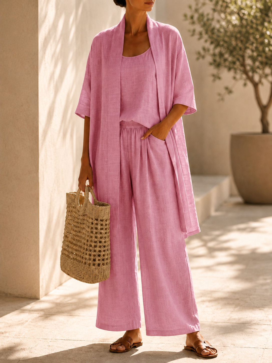 Women’s Linen Blend Three Piece Cardigan Top and Wide Leg Pants Set