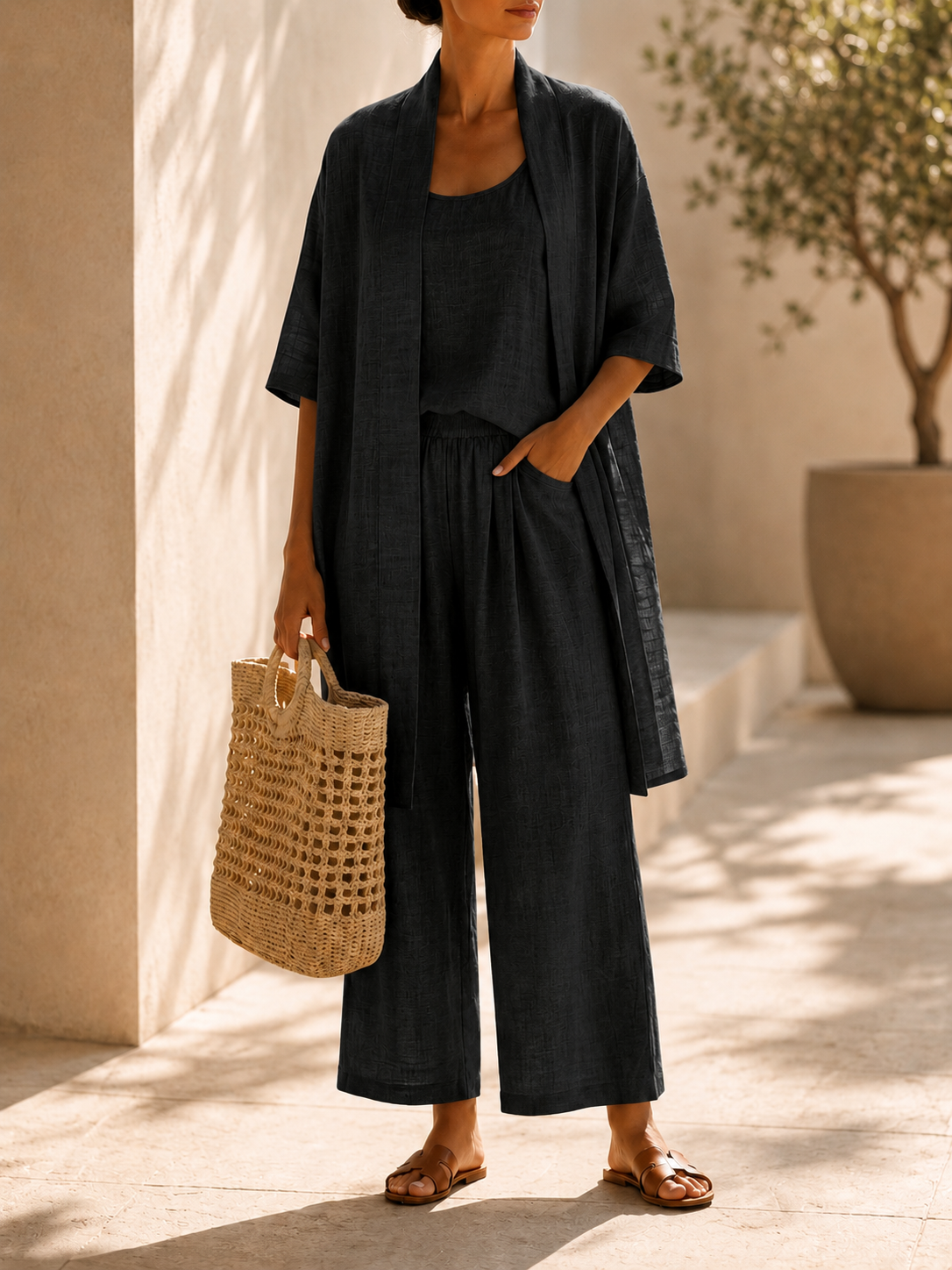 Women’s Linen Blend Three Piece Cardigan Top and Wide Leg Pants Set
