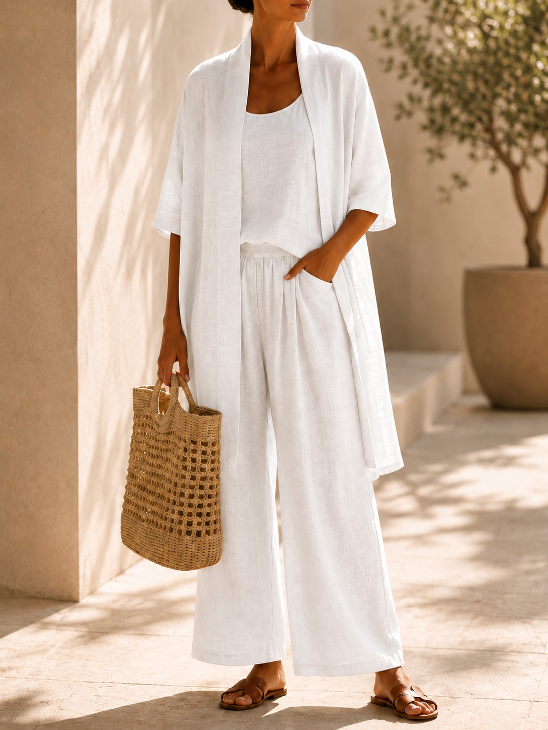 Women’s Linen Blend Three Piece Cardigan Top and Wide Leg Pants Set