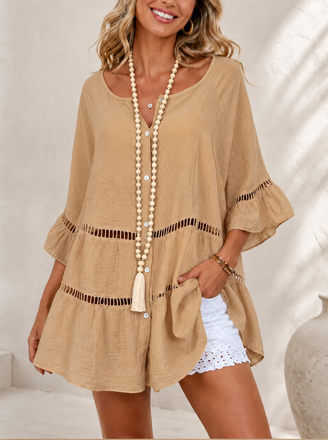 Women’s Lace Hollow Out Bell Sleeve Beach Cover Up Dress
