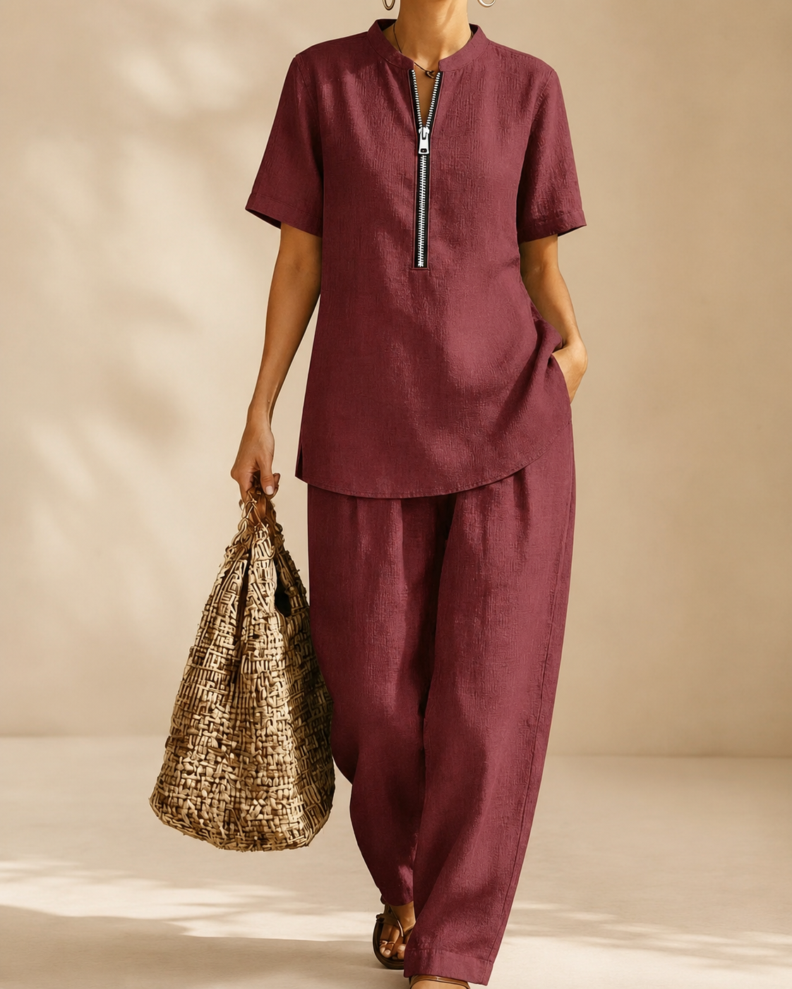 Women's Linen Blend 2 Piece Set Half Zip Short Sleeve Top and Loose Straight Leg Pants Casual Spring Summer Outfit