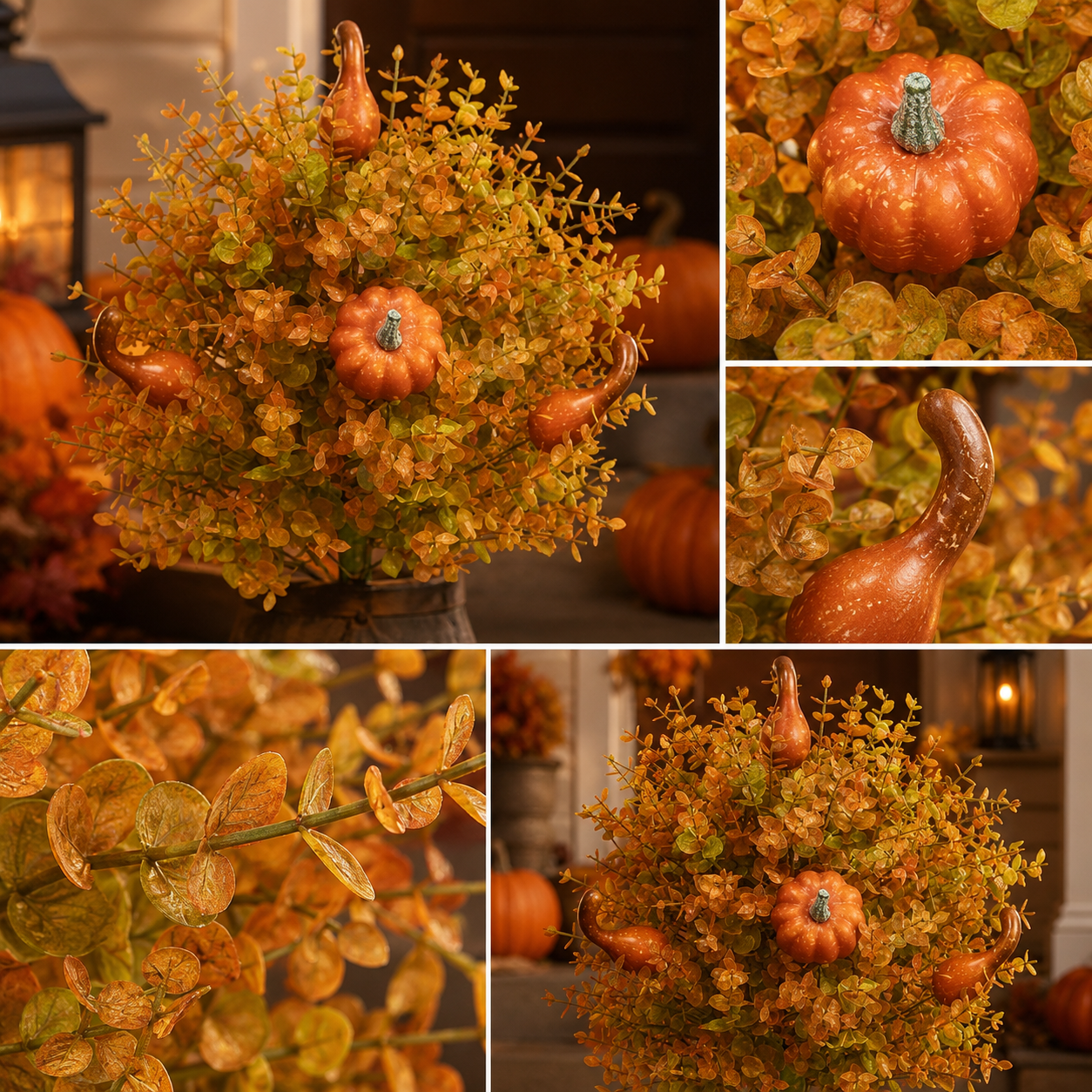 Close view of artificial autumn foliage with pumpkin and gourd details