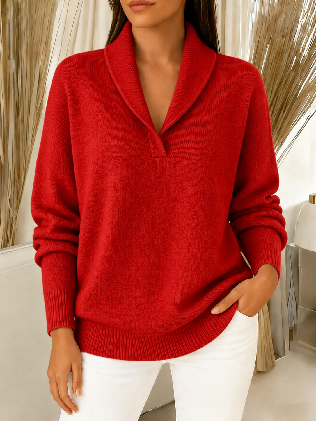 Women’s Elegant Shawl Collar V-Neck Knit Sweater
