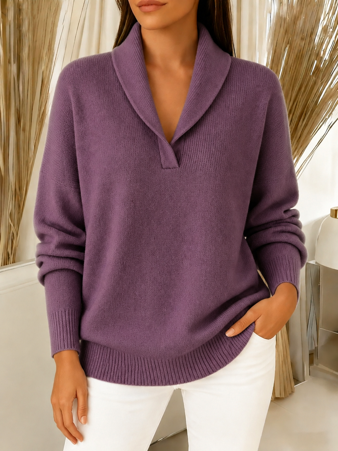 Women’s Elegant Shawl Collar V-Neck Knit Sweater