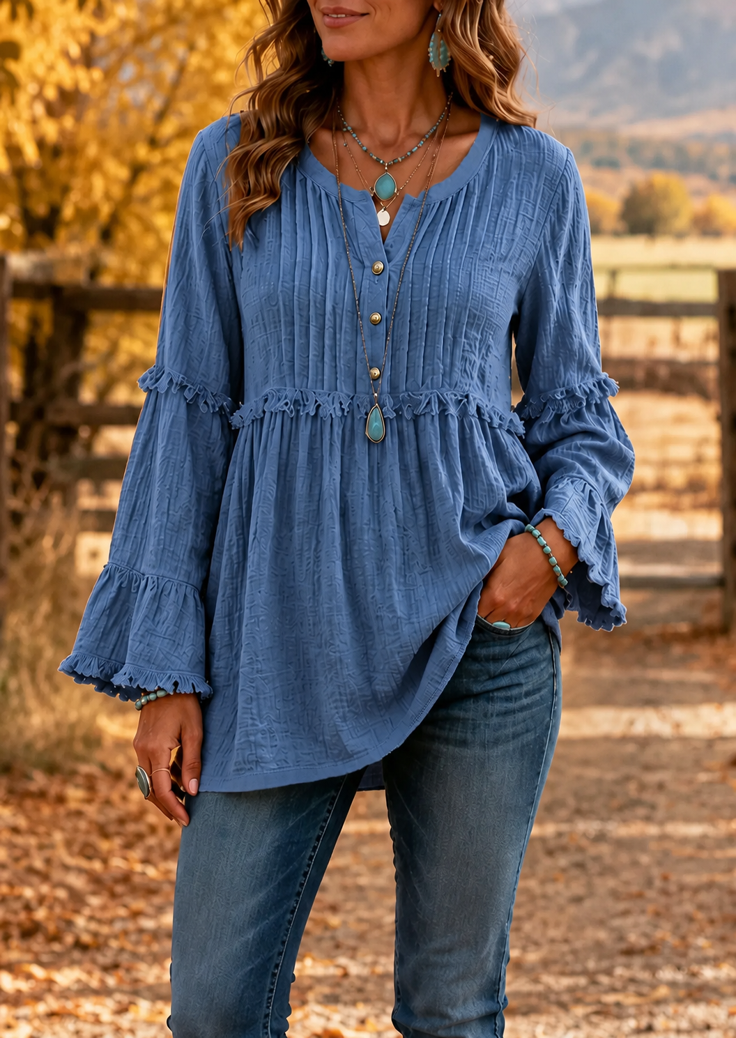 Women’s Boho Textured Ruffle Bell-Sleeve Henley Tunic Top