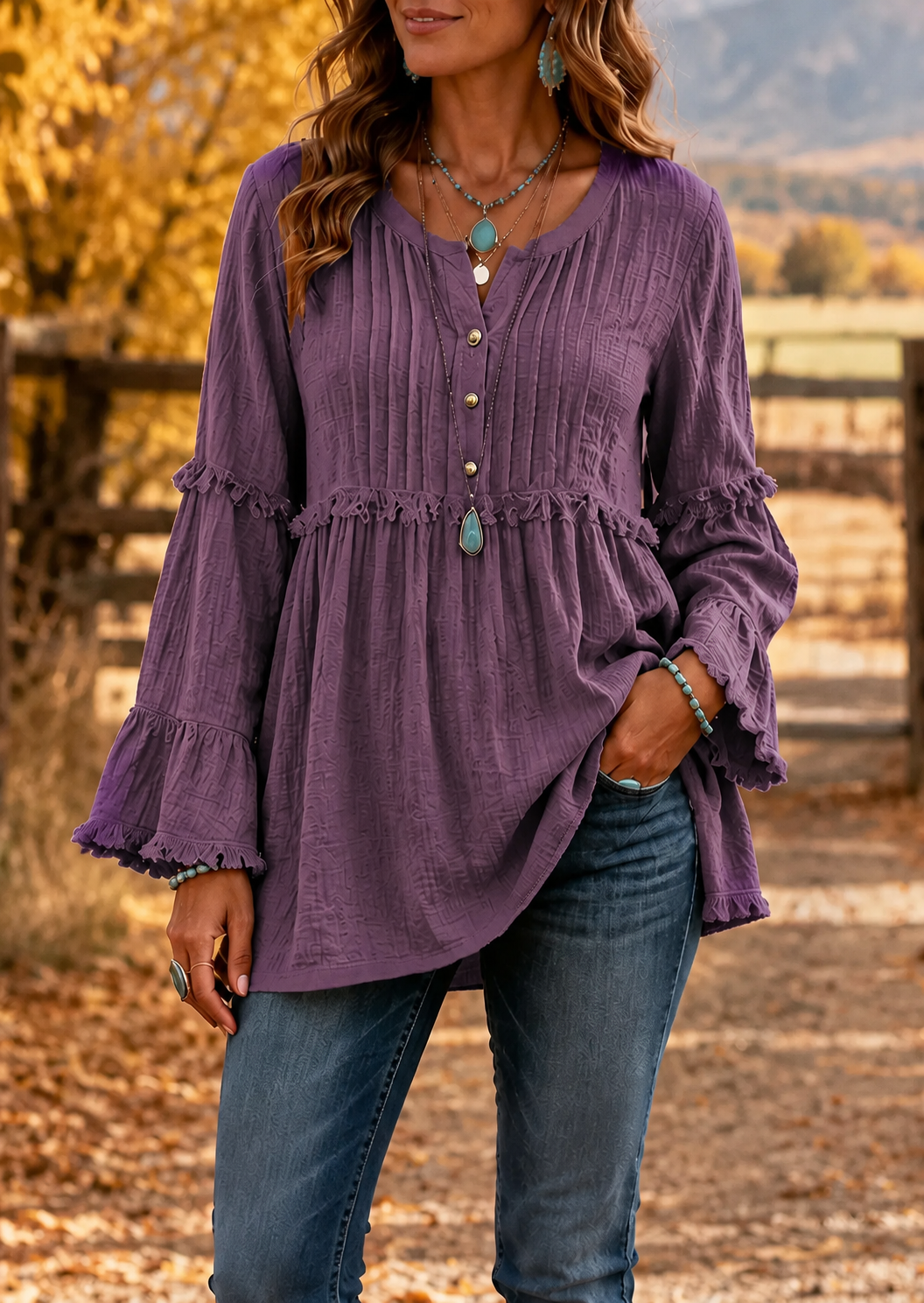Women’s Boho Textured Ruffle Bell-Sleeve Henley Tunic Top