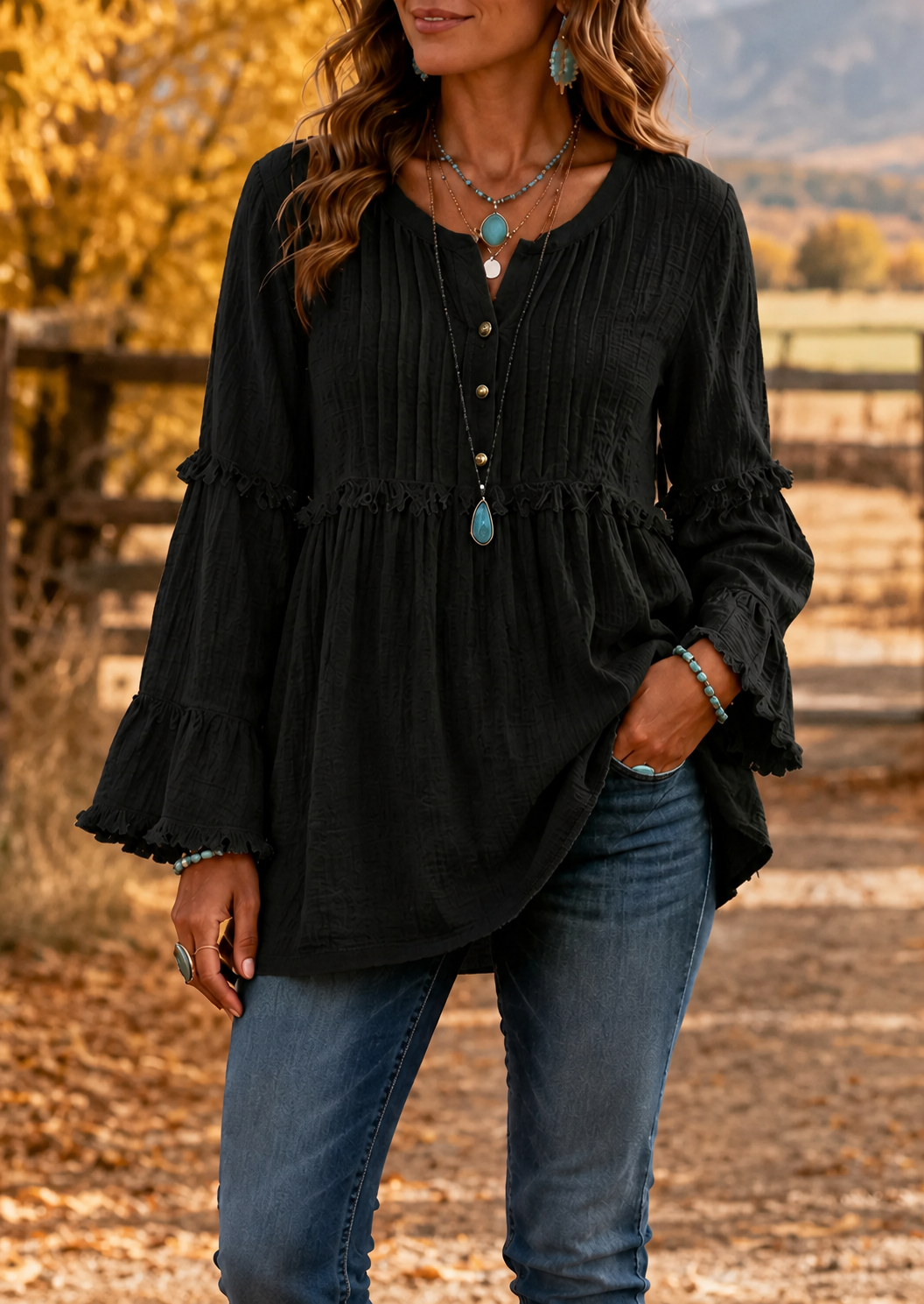 Women’s Boho Textured Ruffle Bell-Sleeve Henley Tunic Top