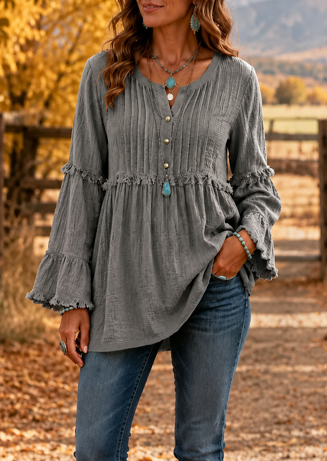 Women’s Boho Textured Ruffle Bell-Sleeve Henley Tunic Top