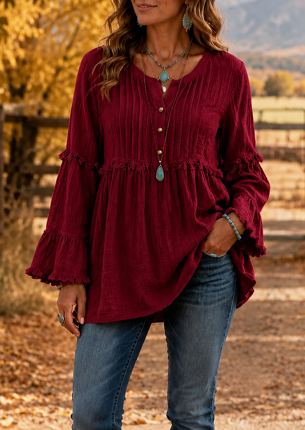 Women’s Boho Textured Ruffle Bell-Sleeve Henley Tunic Top