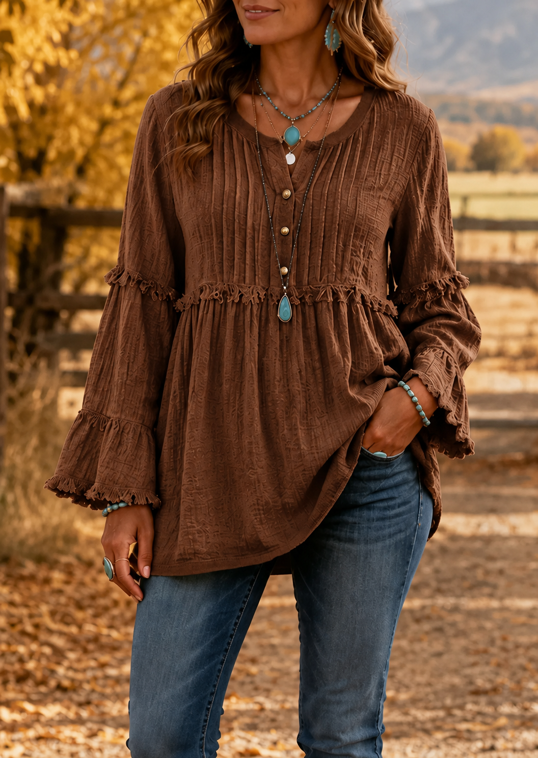 Women’s Boho Textured Ruffle Bell-Sleeve Henley Tunic Top