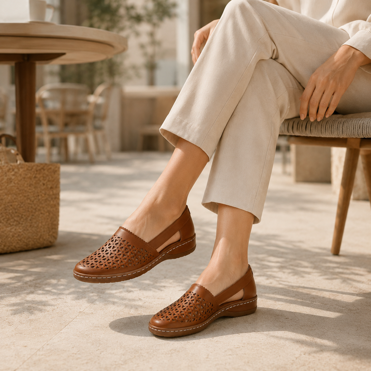 Brown breathable cutout comfort shoes in a bright cafe setting