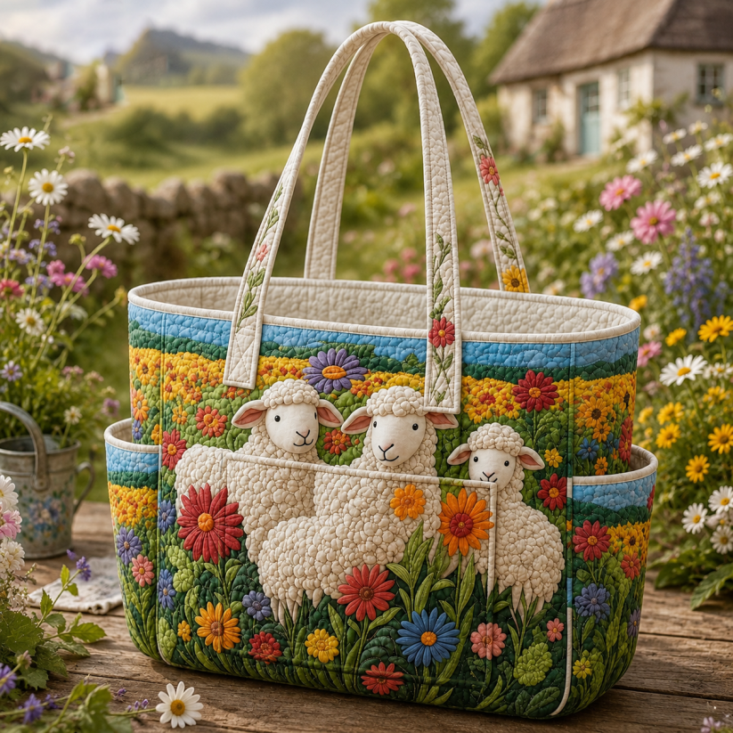 Floral Sheep Multiple Pockets Quilted Tote Bag TP01