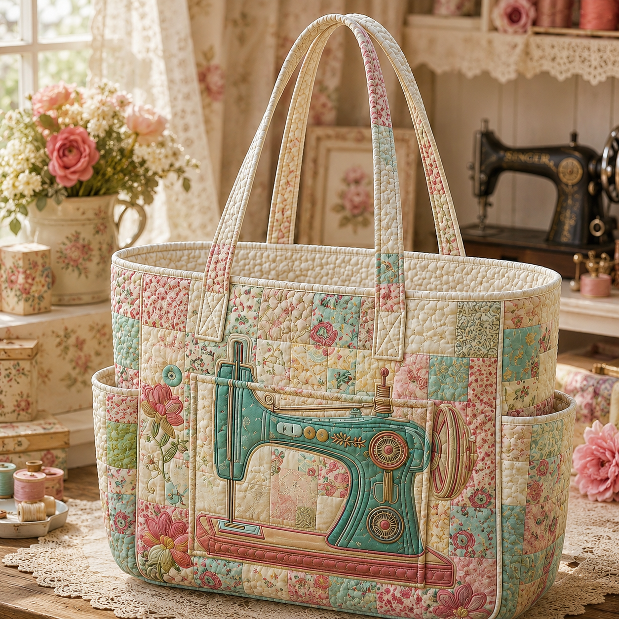 Artistic Sewing Machine Quilted Tote Bag TP22