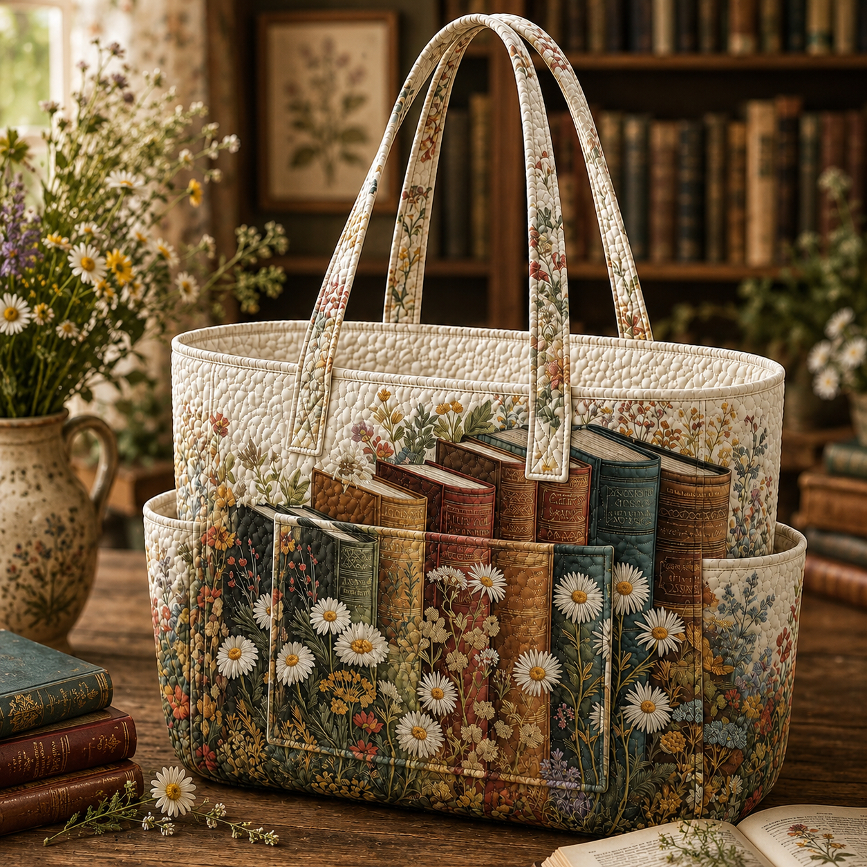 Bookish Multiple Pockets Quilted Tote Bag TP17