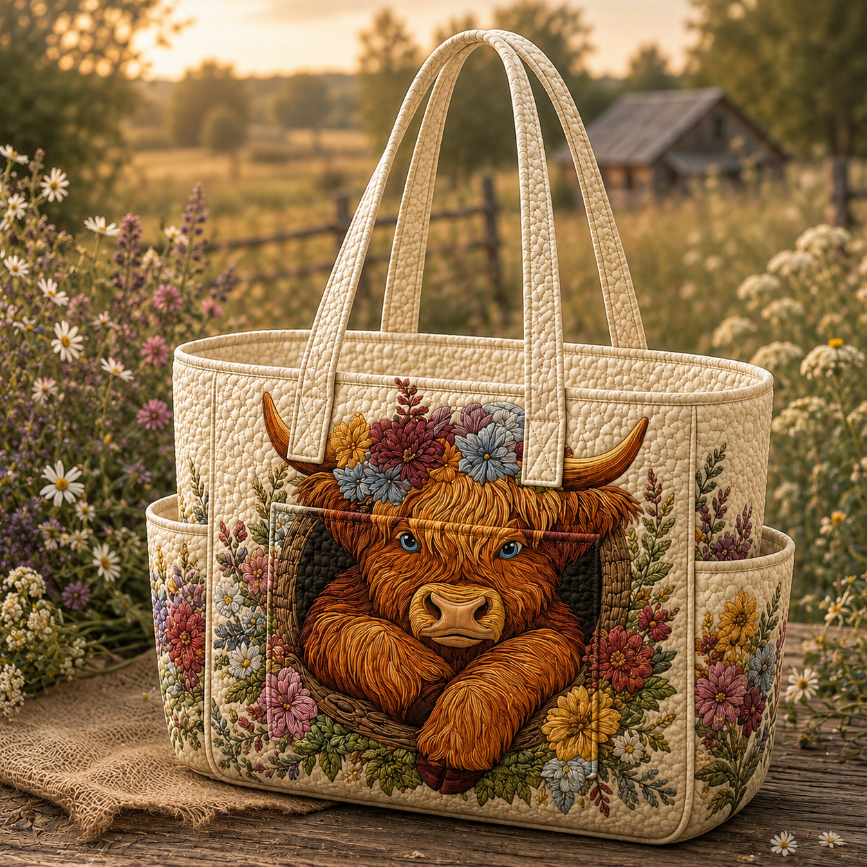 Holiday Farmstead Multiple Pockets Quilted Tote Bag TP25