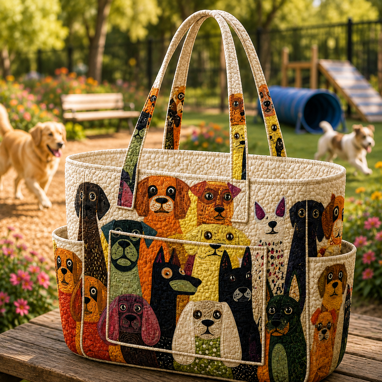 Whimsical Dog Multiple Pockets Quilted Tote Bag TP24
