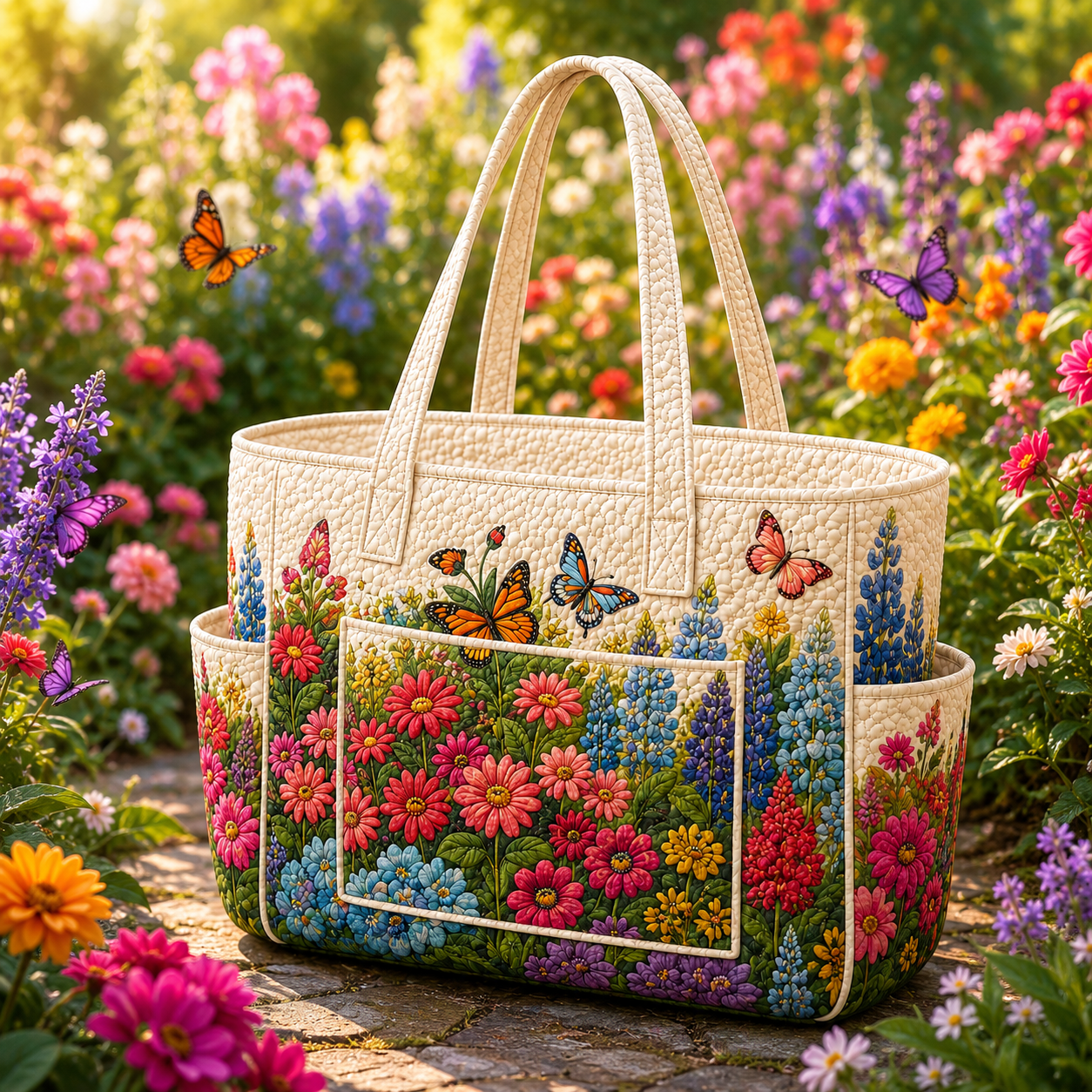 Sea Of Flowers Multiple Pockets Quilted Tote Bag TP31