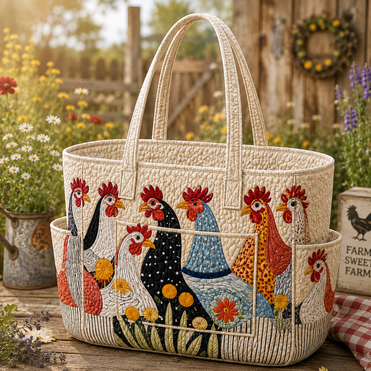 Meadow Chicken Multiple Pockets Quilted Tote Bag TP28