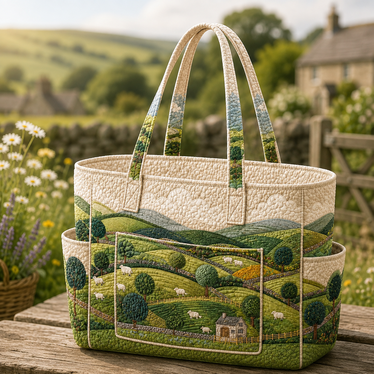 Little Sheep Field Multiple Pockets Quilted Tote Bag TP53